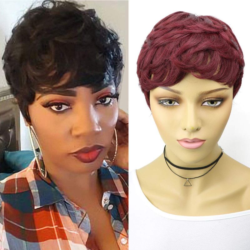 Photo 1 of VRZ Short Wavy Human Hair Wigs with Bangs Pixie Cut Brazilian Hair Wigs Short Black Layered Pixie Wavy Wigs for Women (Side Wavy 99J#)
