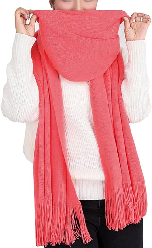 Photo 1 of Wander Agio Women's Warm Long Scarves Winter Scarfs Pure Color Scarf Tassel, MELON RED
