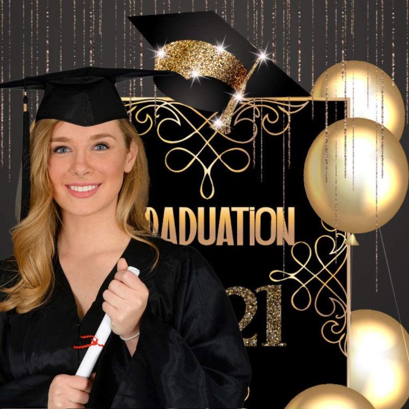 Photo 1 of 7x5ft Class of 2021 Backdrop - Black and Gold Congrats Grad Graduation Backdrop - Class of 2021 Graduation Decorations & Graduation Party Supplies 2021 - Graduation Party Decorations by PixiPy
