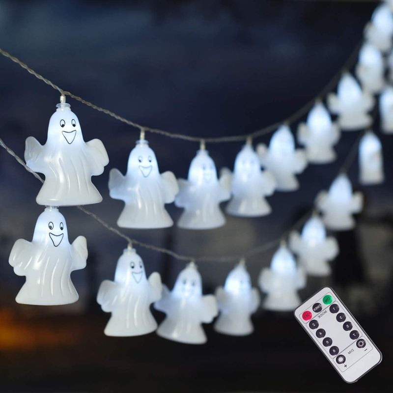 Photo 1 of 30 LED Halloween White Ghost with Wings String Lights, Battery Operated Halloween Lights with Remote, Indoor Outdoor Party, Patio, Garden, Halloween Decoration (Large)
