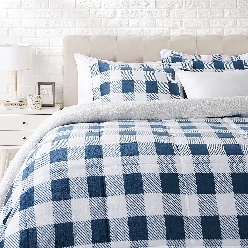 Photo 1 of Amazon Basics Ultra-Soft Micromink Sherpa Comforter Bed Set - Navy Gingham, Full/Queen
