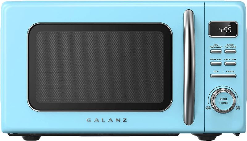 Photo 1 of Galanz GLCMKZ09BER09 Retro Countertop Microwave Oven with Auto Cook & Reheat, Defrost, Quick Start Functions, Easy Clean with Glass Turntable, Pull Handle, 0.9 cu ft, Blue
