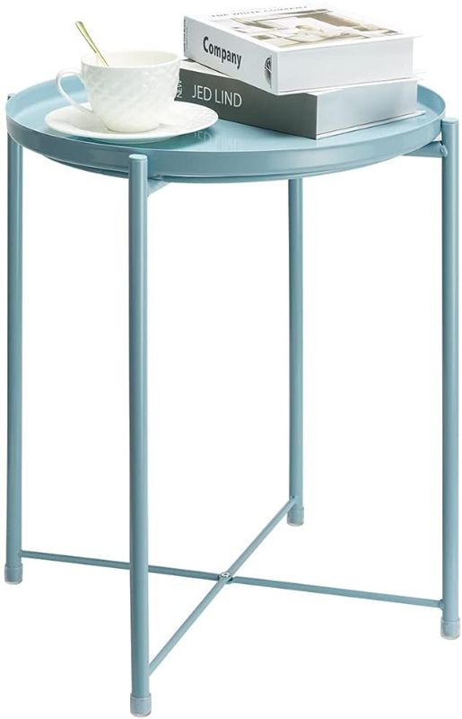 Photo 1 of danpinera End Table, Side Table Metal Waterproof Small Coffee Table Sofa Side Table with Round Removable Tray for Living Room Bedroom Balcony and Office (Mint Blue)
