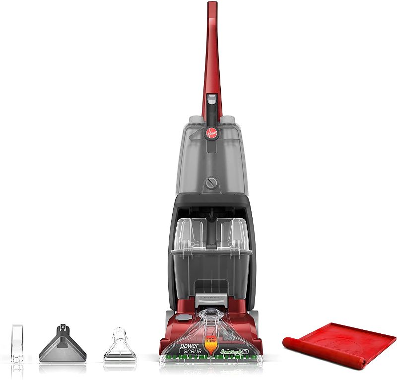 Photo 1 of Hoover Power Scrub Deluxe Carpet Cleaner Machine, Upright Shampooer, with Storage Mat, FH50150B, Red
