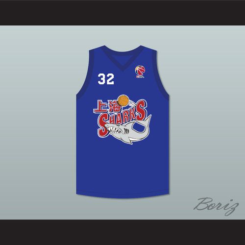 Photo 1 of JIMMER FREDETTE 32 SHANGHAI SHARKS BLUE BASKETBALL JERSEY WITH CBA PATCH, SIZE 58, 4XL