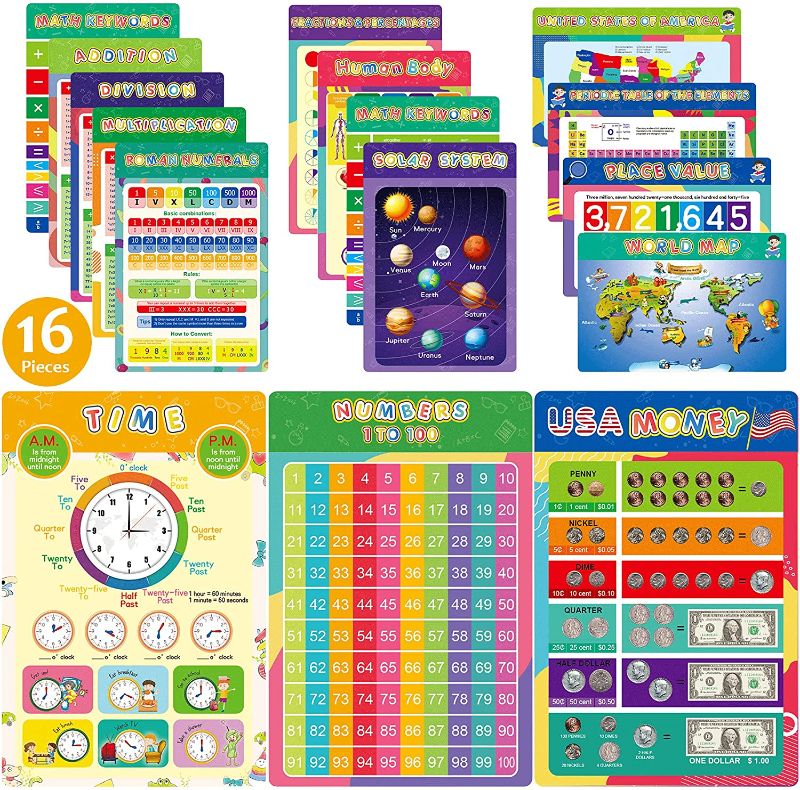 Photo 1 of 16 Pieces Educational Posters for Elementary Middle School Classroom Teach Homeschool Decor 1st 2nd 3rd 4th 5th Grade for Kindergarten Preschoolers Toddlers Kids
