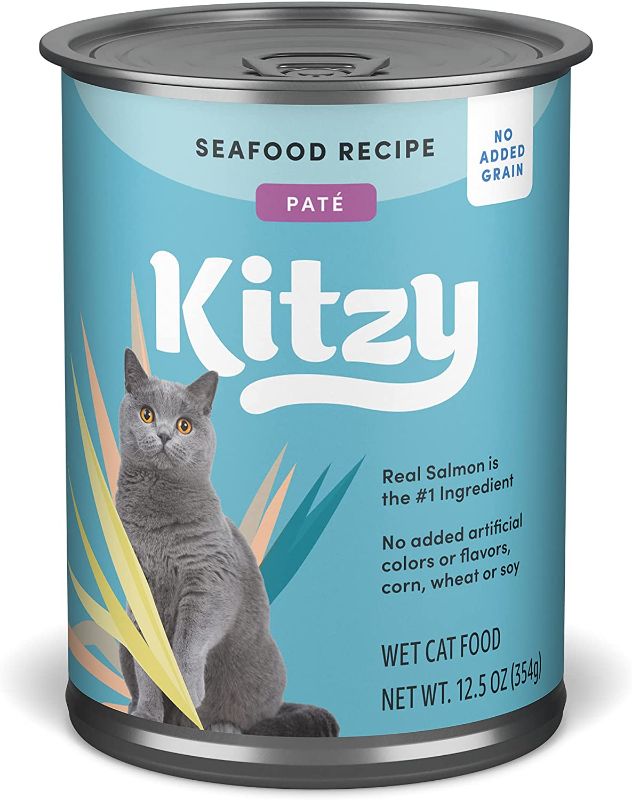 Photo 1 of Amazon Brand – Kitzy Wet Cat Food, Seafood, No Added Grain, Pate, 12.5 oz (12 Pack)
