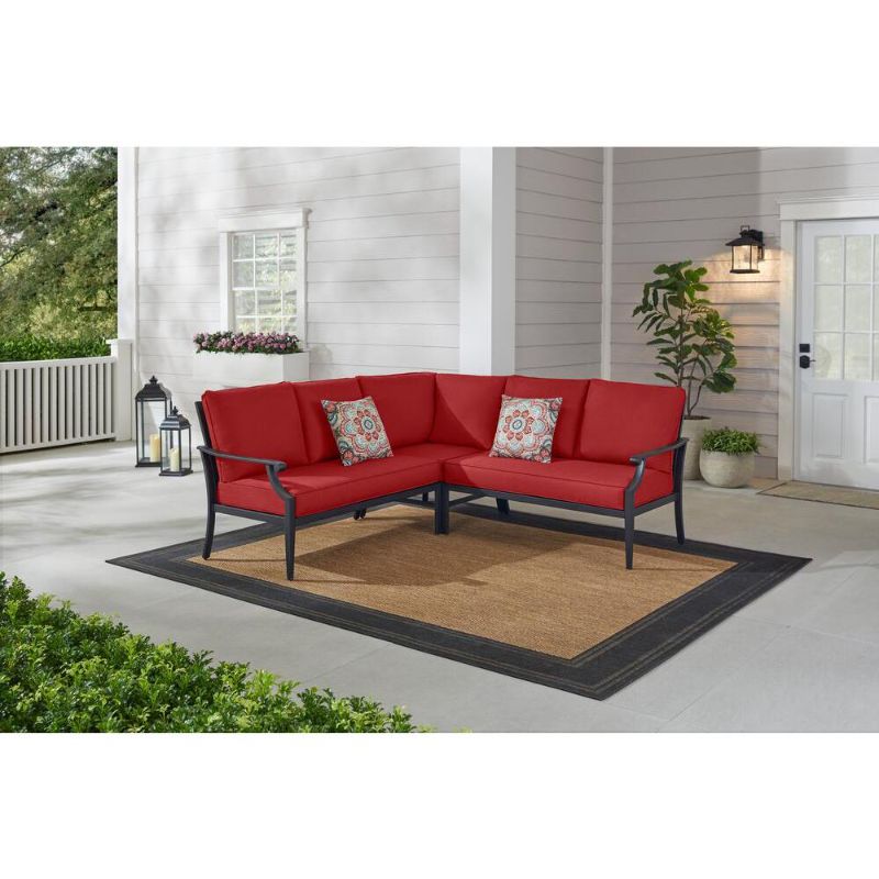 Photo 1 of Braxton Park 3-Piece Black Steel Outdoor Patio Sectional Sofa with CushionGuard Quarry Red Cushions
