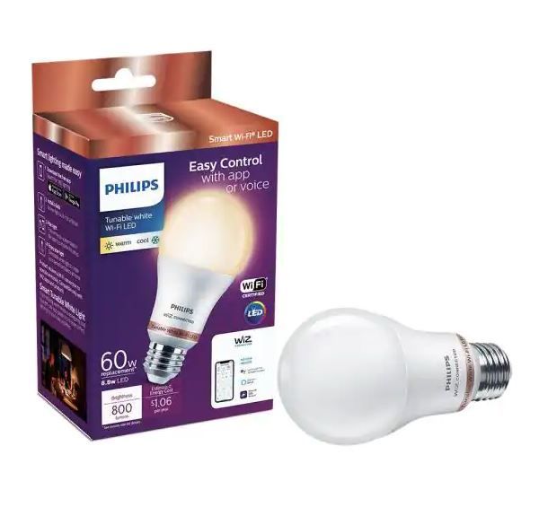 Photo 1 of Tunable White A19 LED 60-Watt Equivalent Dimmable Smart Wi-Fi Wiz Connected Wireless Light Bulb