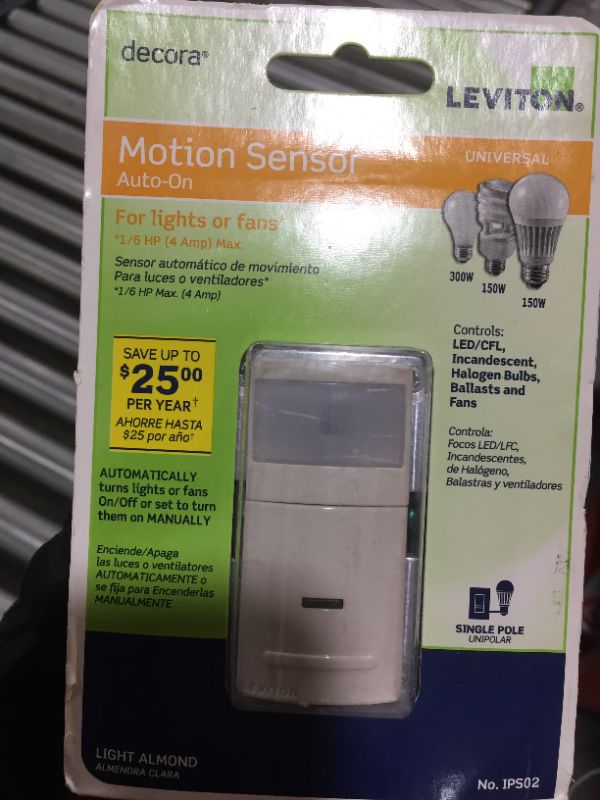 Photo 2 of Leviton IPS02-1LT Decora Motion Sensor In-Wall Switch, Auto-On, 2.5A, Single Pole, Light Almond