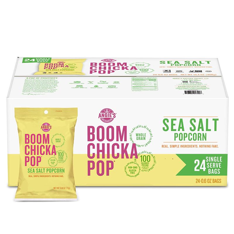 Photo 1 of Angie's BOOMCHICKAPOP Gluten Free Sea-Salt Popcorn, 24 BAGS, BEST BY 20 AUG 2021
