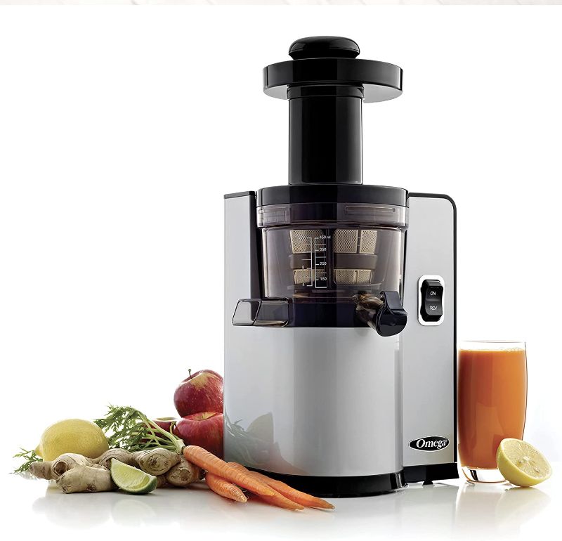 Photo 1 of Omega VSJ843QS Juicer Vertical Slow Masticating Juice Extractor 43 RPM Compact Design with Automatic Pulp Ejection, 150-Watt, Silver
