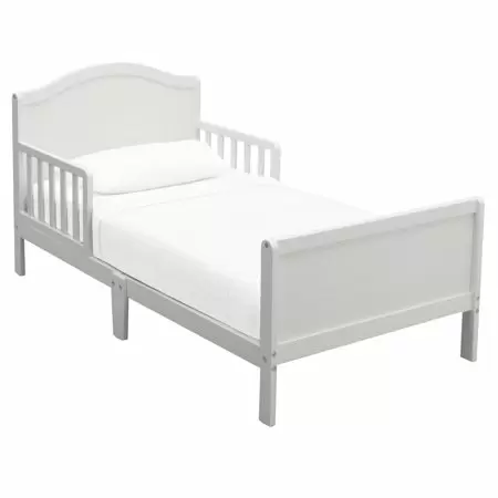 Photo 1 of Delta Children Bennett Toddler Bed Frame with Guardrails, White (Bed Frame Only)
