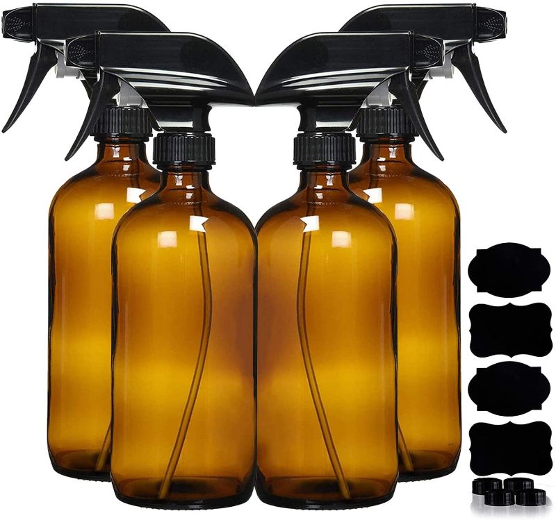 Photo 1 of Amber Glass Spray Bottles For Cleaning Solutions (4 Pack) - 16 Ounce, Refillable Sprayer for Essential Oil, Water, Kitchen, Hair. Durable Black Trigger Sprayer w/Mist and Stream Settings
