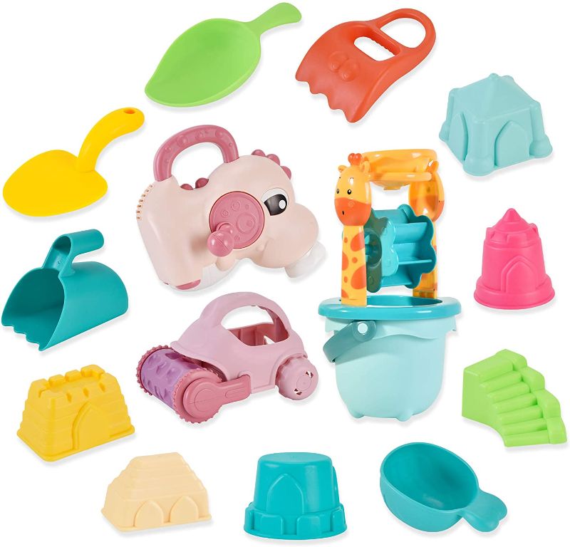 Photo 1 of Pupzo Beach Sand Toys Set for Kids - 15Pcs Sand Toys with Mesh Bag Includes Cute Dragon Watering Can, Sand Truck with Pulley, Giraffe-Shaped Water Wheel, Summer Outdoor Beach Toys for Toddlers Gifts
