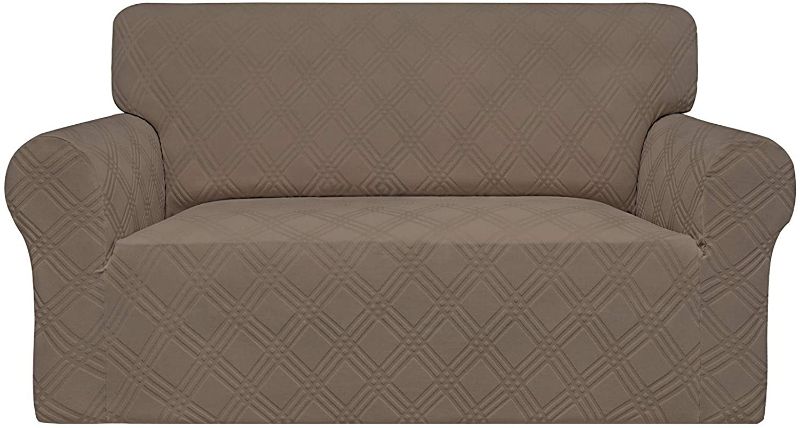 Photo 1 of Easy-Going High Stretch Sofa Cover, 1-Piece Couch Cover for Loveseat,Stylish Jacquard Sofa Slipcover with Non-Slip Foams, Machine Washable Furniture Protector (Loveseat, Camel)
