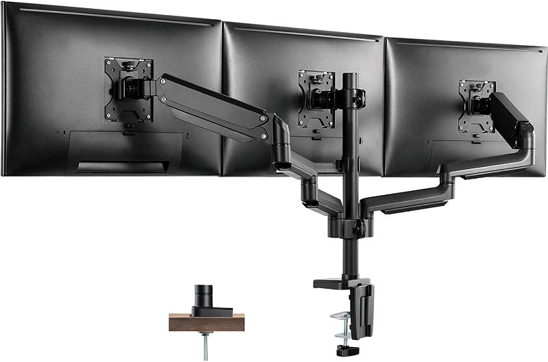 Photo 1 of Triple Monitor Mount Desk Stand - 3 Premium Aluminum Full Motion Gas Spring Height Adjustable Arms Fits Three 17"-27" VESA Screens - C-Clamp and Grommet Bases Included
