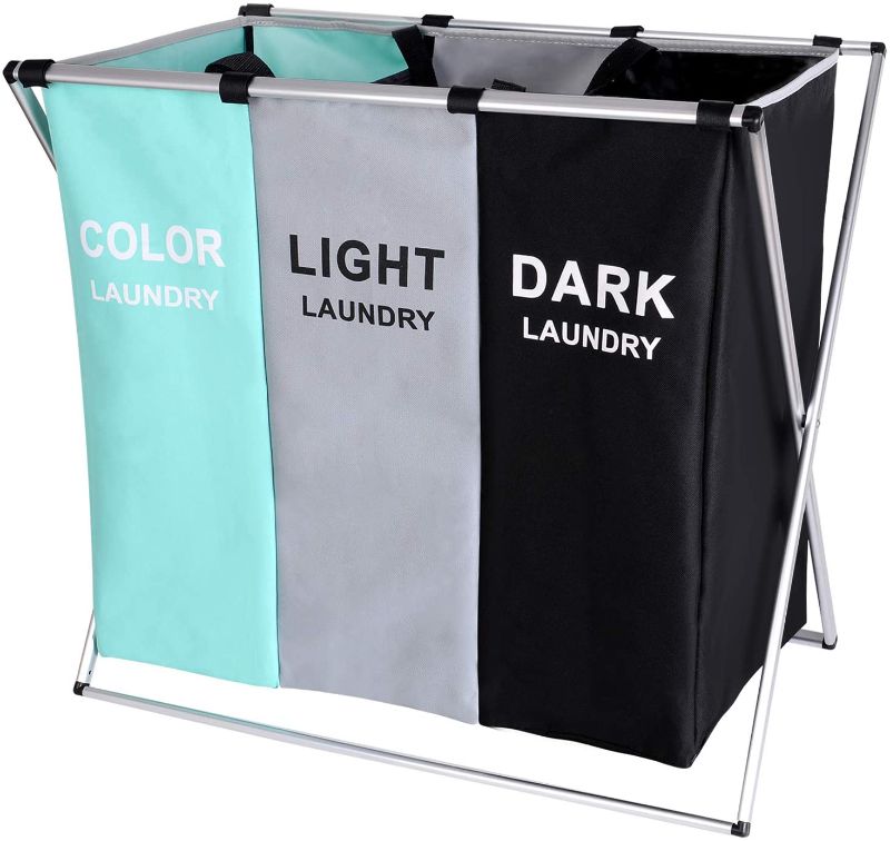 Photo 1 of 135L Laundry Cloth Hamper Sorter Basket Bin Foldable 3 Sections with Aluminum Frame 62cm × 37cm x 58cm Washing Storage Dirty Clothes Bag for Bathroom Bedroom Home (Green+Grey+Black)