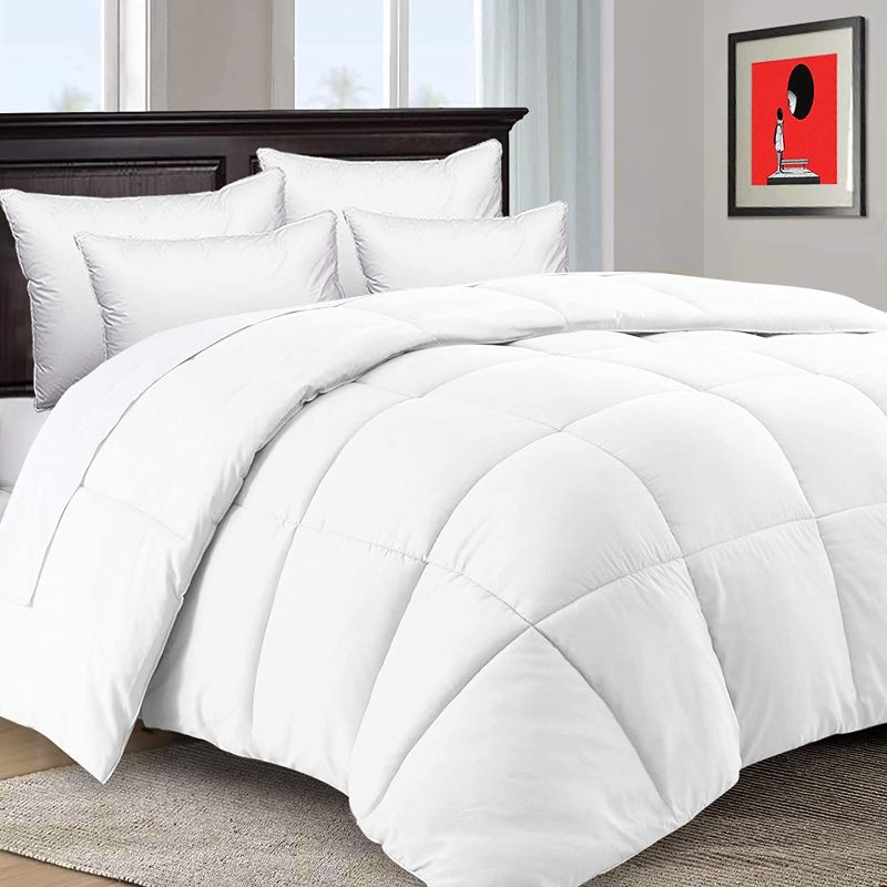 Photo 1 of CHOPINMOON All Season Super Queen Size Down Alternative Comforter, Soft Quilted Duvet Insert with Corner Tabs,Fluffy,Lightweight,Reversible, White 88x88 inches

