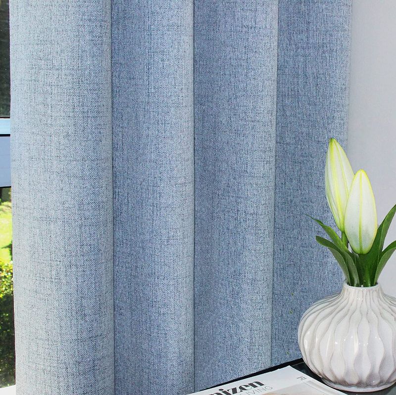 Photo 1 of VILTEXX Light Blue 100 Percentage Blackout Textured Linen Curtains Long Grommet Top for Bedroom Living Room Thermal Insulated Drapes Heat and Full Light Blocking Drapes 2 Panels W53*L95 inch
