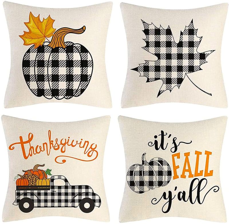 Photo 1 of CHICHIC Fall Throw Pillow Covers, 18x18 Inch Autumn Pumpkin Decorations Throw Pillows Cases, Fall Decor Thanksgiving Day Harvest Decorations Cushion Covers for Couch, Set of 4, Black White Buffalo
