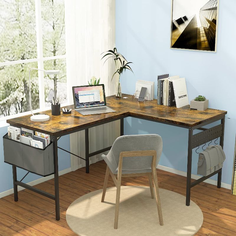 Photo 1 of L Shaped Computer Desk with Storage Bag and Headphone Hook, Modern Space Saving Home Office Writing Corner Desk, Student Writing Desk, Metal Workstation for Home, Office, Study Room, Bedroom, Small Sp
