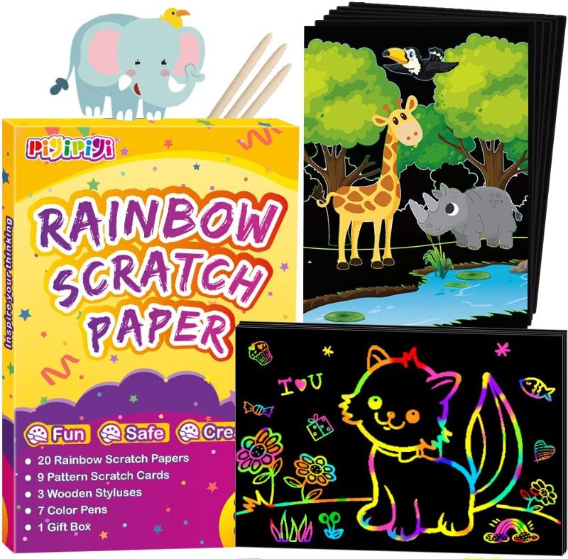 Photo 1 of QXNEW Rainbow Paper Art Supply: 2 Styles Magic Color Scratch Paper Sheet Craft for Kids Ages 3-16 Doodle Drawing Art Note Card Kit Supply Gift Idea for Girl Boy Children Teen Party Birthday Toy Set, PACK OF 3
