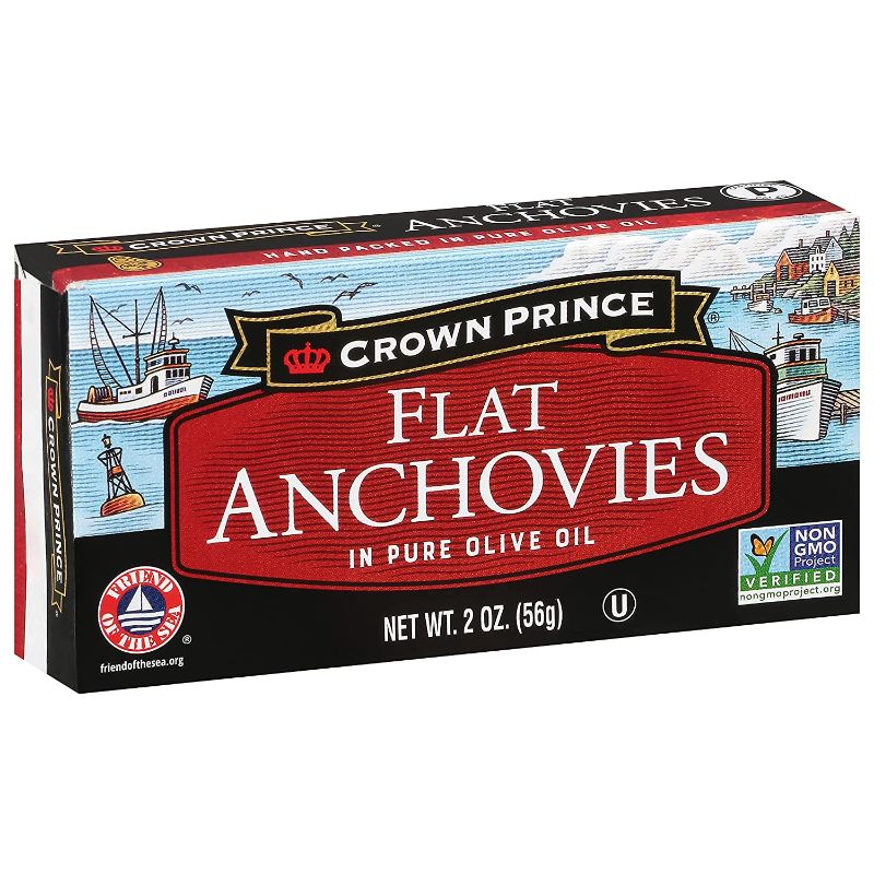 Photo 1 of Crown Prince Flat Anchovies in Olive Oil, 2-Ounce Cans (Pack of 12), BEST BY 13 MAY 2022
