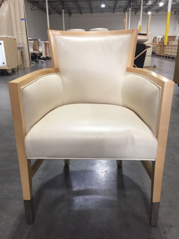 Photo 1 of Creme Faux Leather Birch Wooden Trim Chair Faux Gold Trimming Around Feet 33H Inches