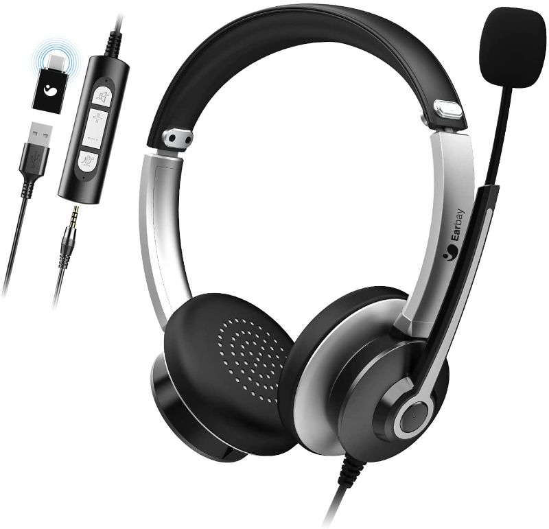 Photo 1 of USB Headset with Microphone for PC, Wired Headphones with USB-C Adapter