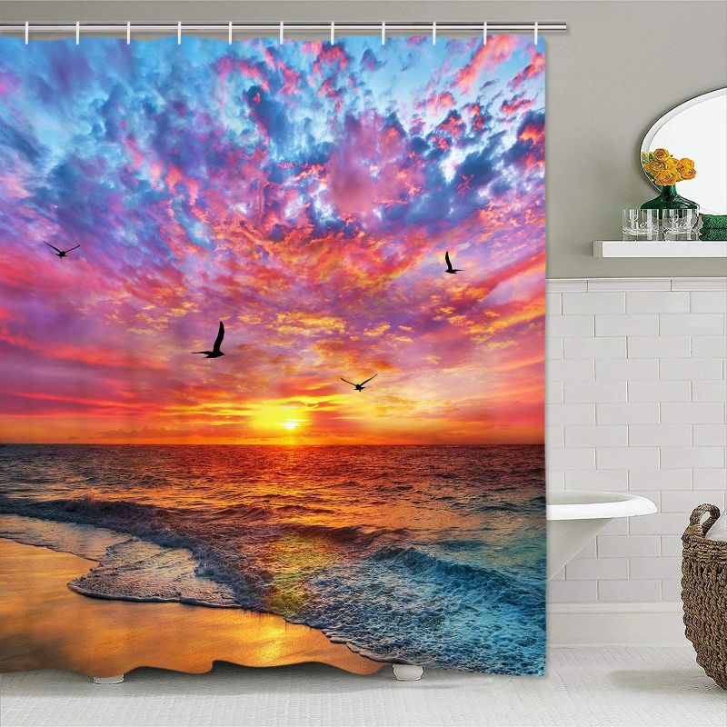 Photo 1 of Beach Shower Curtain Seagull Seaside Shower Curtain with 12 Hooks