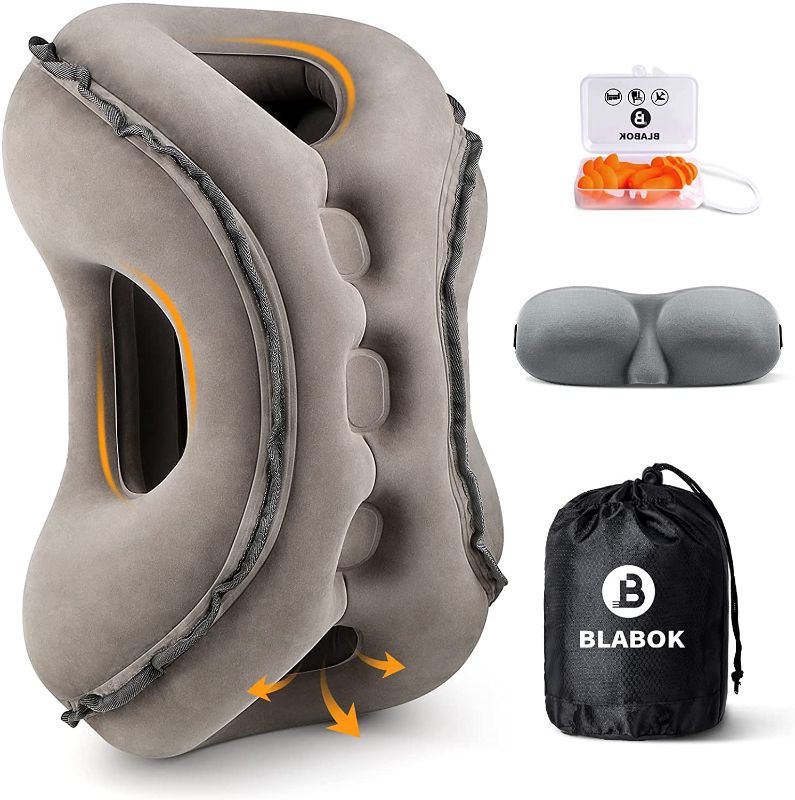 Photo 1 of Babok Inflatable Travel Pillow for Airplane to Avoid Neck and Shoulder Pain, Used for Sleeping Rest, with Eye Mask and Earplugs [Gray]