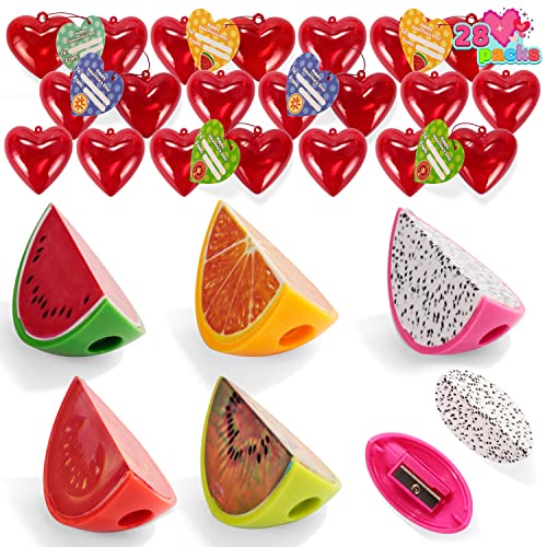 Photo 1 of 28 Packs Kids Valentine Party Favors Set with Fruit Shaped Pencil Sharpener Filled Hearts and Valentine Cards for Kids Classroom Exchange