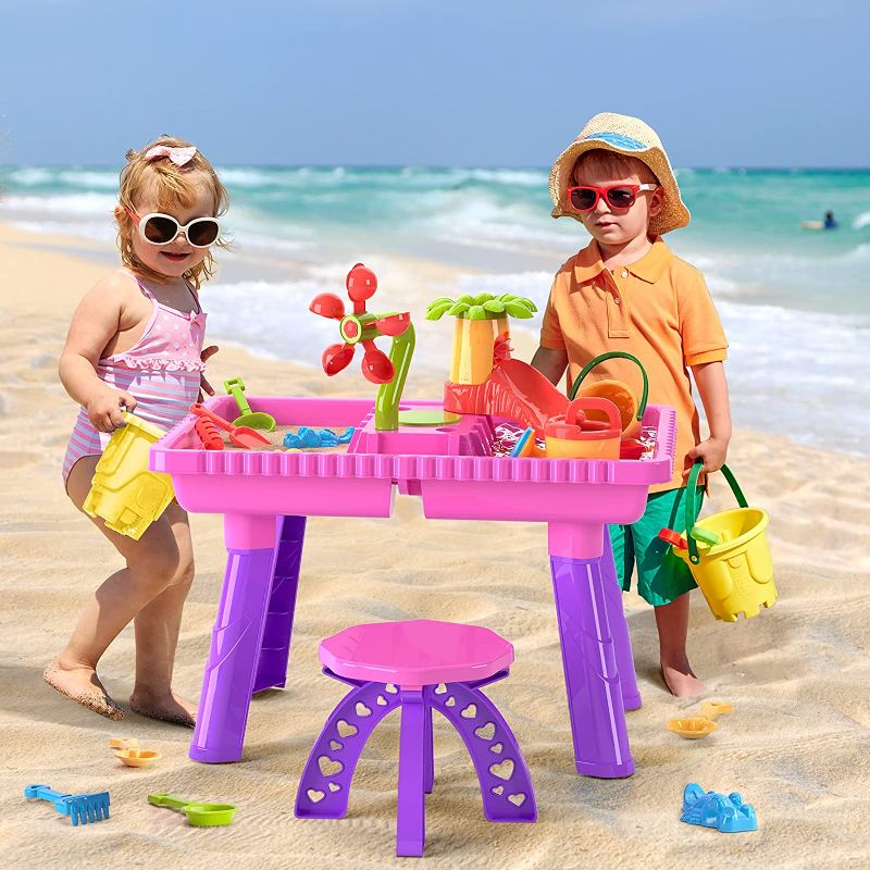 Photo 1 of TEMI Kids Sand Water Table, 27 Pcs Summer Toys Beach Play Table Sand Molds Beach Tool Kit, Outdoor Toys Sandbox Toy Sensory Table for Toddler Boys Girls (2 in 1 Sand Water Table)