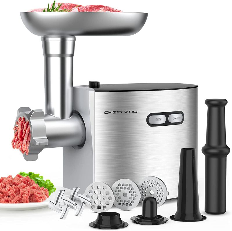 Photo 1 of CHEFFANO Meat Grinder, 2600W Max Stainless Steel Food Grinder Electric, ETL Approved Heavy Duty Meat Mincer Machine with 2 Blades, 3 Plates, Sausage Stuffer Tube & Kubbe Kit for Home Kitchen Use
