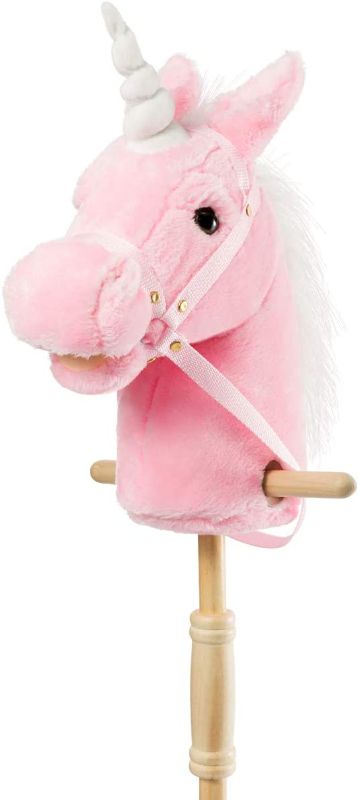 Photo 1 of HollyHOME Plush Unicorn Stick Horse with Wood Wheels Real Pony Neighing and Galloping Sounds Plush Toy Pink 37 Inches(AA Batteries Required)
