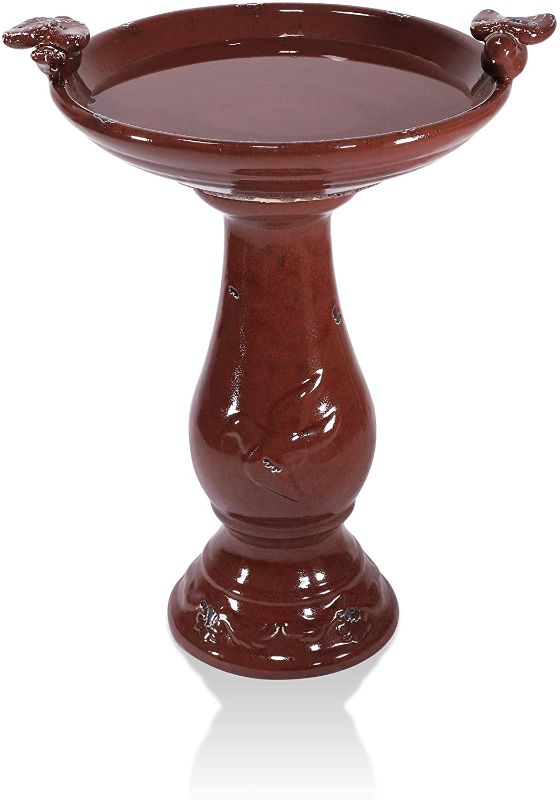 Photo 1 of 24" Tall Outdoor Ceramic Antique Pedestal Birdbath with 2 Bird Figurines
