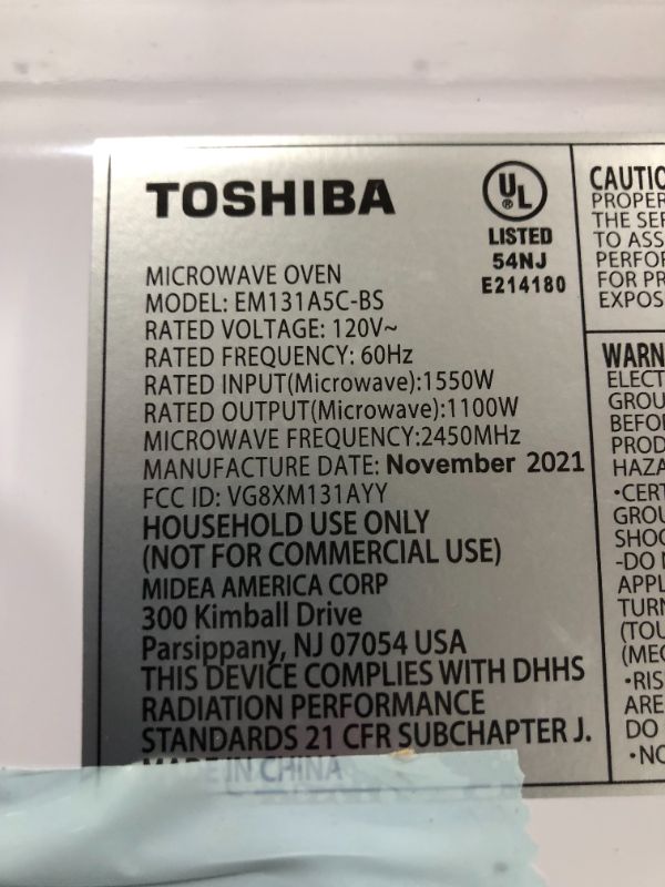 Photo 3 of Toshiba EM131A5C-BS Microwave Oven with Smart Sensor, Easy Clean Interior, ECO Mode and Sound On/Off, 1.2 Cu Ft, Black Stainless Steel
