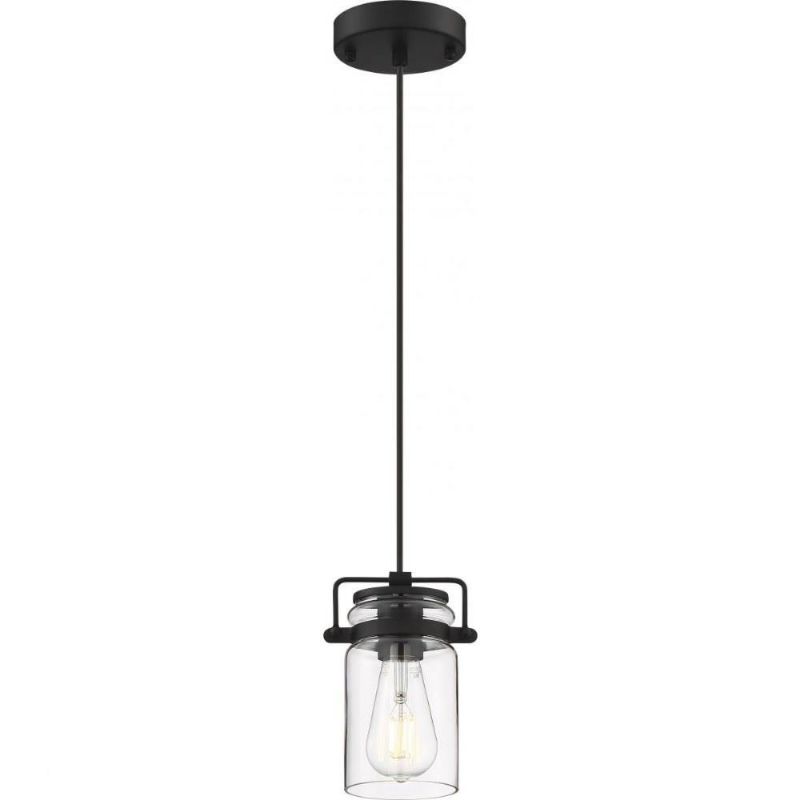 Photo 1 of Black industrial pendant light fixture with clear glass shade
