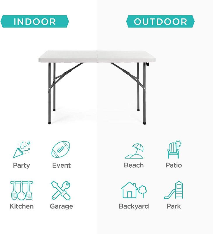 Photo 1 of 4ft Plastic Folding Table, Indoor Outdoor Heavy Duty Portable w/Handle, Lock for Picnic, Party, Camping - White