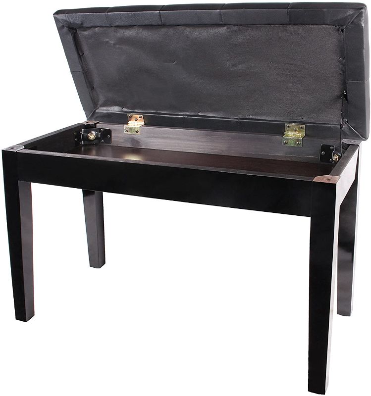 Photo 2 of Black Ebony Wood Leather Piano Bench Padded Double Duet Keyboard Seat Storage