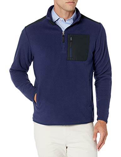 Photo 1 of Amazon Essentials Men's Quarter-Zip Polar Fleece Jacket, Navy/Black Color Block, [Size Large]