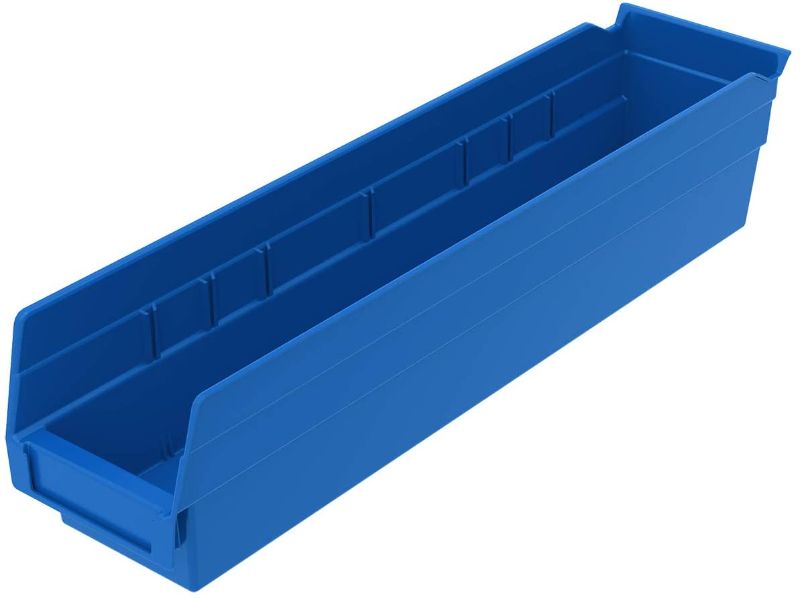Photo 1 of Akro-Mils 30128 Plastic Nesting Shelf Bin Box, (18-Inch x 4-Inch x 4-Inch), Blue, (12-Pack)