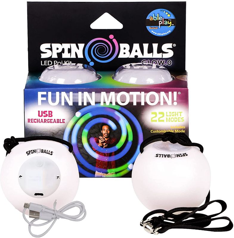 Photo 1 of Spinballs Glow.0 LED Poi Balls Glow – USB Rechargeable with 22 Vibrant Color Light Modes & Patterns – Durable, Soft-Core LED Poi Spinning Balls with Adjustable Leashes & Double-Loop Handles
