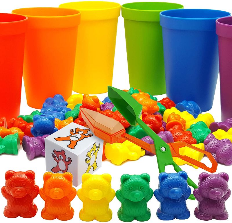 Photo 1 of Skoolzy Rainbow Counting Bears with Matching Sorting Cups, Bear Counters and Dice Math Toddler Games 71pc Set - Bonus Scoop Tongs, Storage Bags
