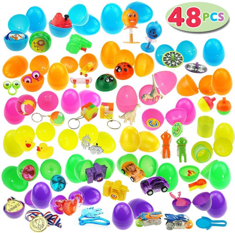 Photo 1 of JOYIN 48 Pcs Easter Eggs with Toys Inside, 2.5‘’ Prefilled Easter Eggs Plastic Eggs with 24 Kinds of Popular Toys for Easter Party Favors Easter Eggs Hunt, Basket Stuffers Filler, Classroom Exchange
