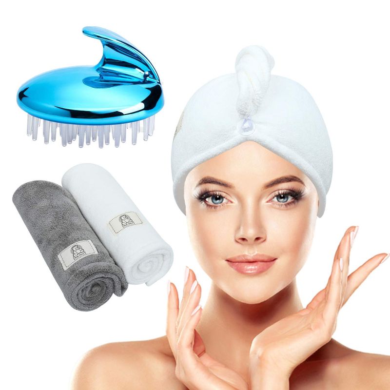 Photo 1 of WalkDiary Microfiber Hair Towel Wrap with Hair Scalp Massager Shampoo Brush 3 Pack

