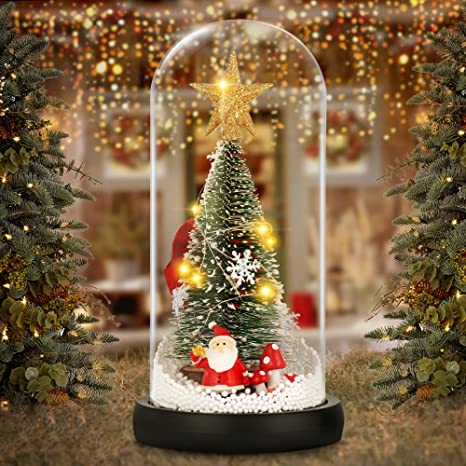 Photo 1 of Christmas Tree in Glass Dome, WANOSIC Tabletop Christmas Tree Gifts for Women, Kid's and Friends, Small Christmas Tree with Lights in Glass Dome for Christmas Decorations in Living Room, Bedroom
