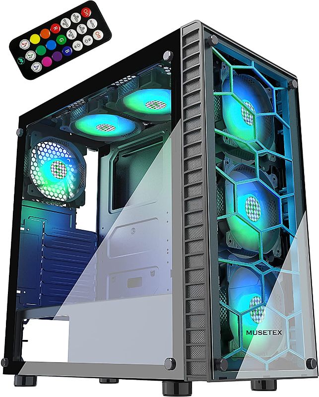 Photo 1 of MUSETEX ATX PC Case with 6 Pcs 120mm ARGB Fans, Computer Gaming Case Mid-Tower Phantom Black, Tempered Glass Computer Chassis, USB 3.0, MN6-B
