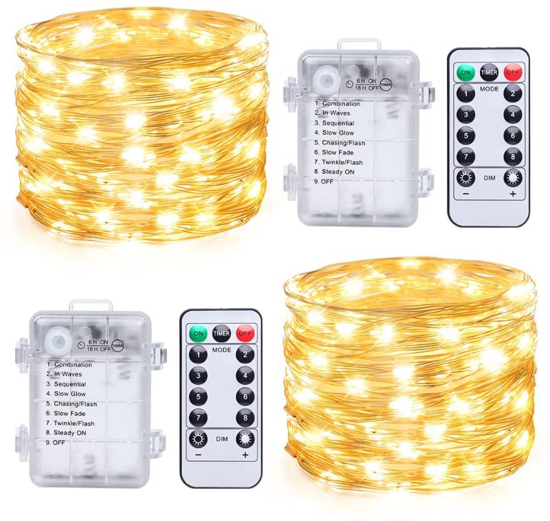 Photo 1 of 2 Set Fairy Lights Battery Operated, 33FT 100 LED Copper Wire String Lights with Remote Control Timer 8 Modes, Waterproof Twinkle Lights for Garden, Party, Indoor and Outdoor Decor (Warm White)
